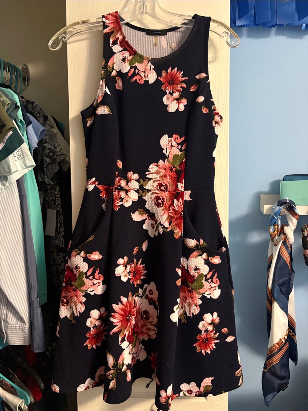 Soprano Navy Floral Midi Dress with Pink Flowers and pockets